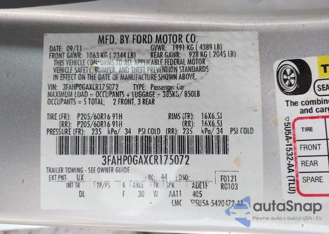 2012 Ford Fusion S z USA, uszkodzony, nr VIN 3FAHP0GAXCR175072